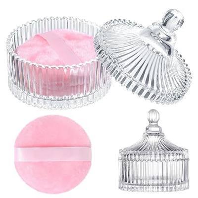 2 Pieces Large Body Powder Puff and Container, 3.54 Inch Women Powder Puff with Crystal Case for Dusting Powder, Pink