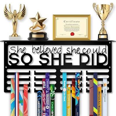 Medal Hanger Display with Trophy Shelf, Wall Mounted Race Medal Holder | 16.2" Metal Medal Rack Holds 70+ Medals, 20lb Capacity, Mounting Hardware Included, for Running, Cheer, Dance & Gymnastics