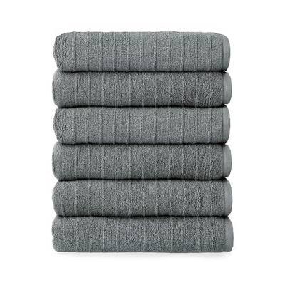 Welhome James 100% Cotton 6 Pack Hand Towels - Textured Stripe Towels, Soft & Absorbent, Gray