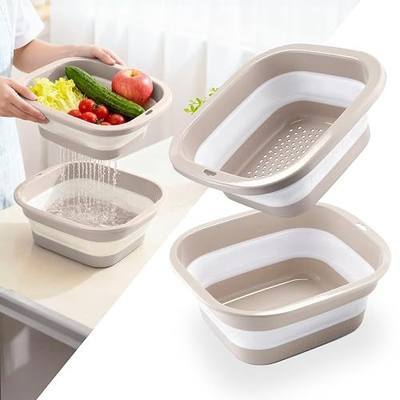 SINGARO 2.8 Gal (10.5L) Collapsible Dish Basin with Drain Basket Colanders, Multiuse Double-Layer Foldable Strainers Sink Tub, Collapsible Wash Basin Pan, Plastic Tubs, Dishpan, Kitchen Sink, Pink