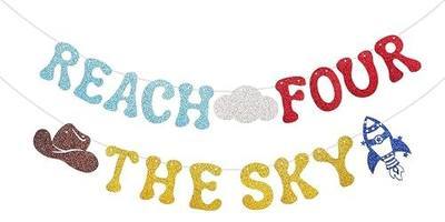 2 Strings Pre-Strung Glitter Cartoon Reach Four The Sky 4th Birthday Banner | Cartoon Story 4th Birthday Party Decorations Toy Inspired Game Kids 4th Birthday Banner Party Supplies for Boys Girls
