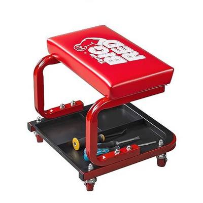 Big RED Rolling Mechanic Stool | 360° swivel casters; 250-lb steel frame; 3-zone tool tray; 14" waterproof padded seat; for garages, auto shops & DIY
