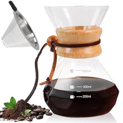 Pour Over Coffee Maker 400ml 13.5oz Glass Drip Coffee Maker with 304 Stainless Steel Filter High Borosilicate Glass Duckbill Spout Solid Wood Handle Pour Over Coffee Dripper for Daily Brewing