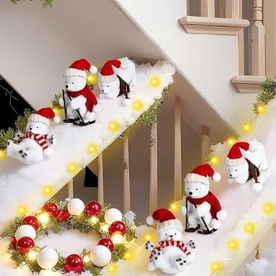 AceOrbit Polar Bear Christmas Staircase Decorations Set Banister Christmas Decoration with 6 Pcs Skiing Polar Bears Artificial Snow Blanket LED Lamp Xmas Hat Scarf for Home Xmas Stairs Decor