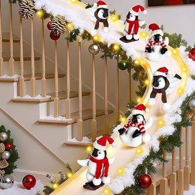 AceOrbit Penguins Christmas Staircase Decorations Set Banister Christmas Decoration with 6 Pcs Skiing Penguins Artificial Snow Blanket LED Lamp Xmas Hat Scarf for Home Xmas Stairs Decor