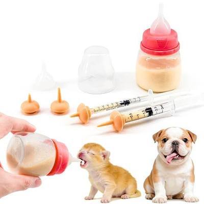 Pet Feeding Bottle and Syringe Set for Puppies and Kittens(1 Bottles,2 Syringes,6 Nipples) Pink