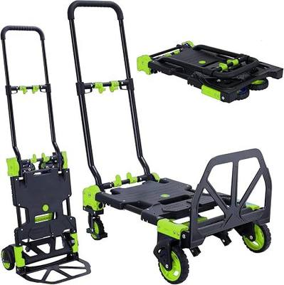 Heavy Duty 330lbs Folding Hand Truck, 2 in 1 Alu Foldable Dolly, Green | Portable Folding Hand Cart, Converts to 2 & 4 Wheel Platform Truck with 5" Solid Rubber Wheels, 3-Gear Handle for Moving