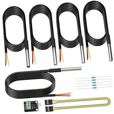 DROK 5 Pack Waterproof DS18B20 Temperature Sensor Probes with a Probe Adapter Board, 3 pin Female to Female Jumper Wires and 5 Pack 4.7K ohm Resistors for Arduino Raspberry Pi DIY