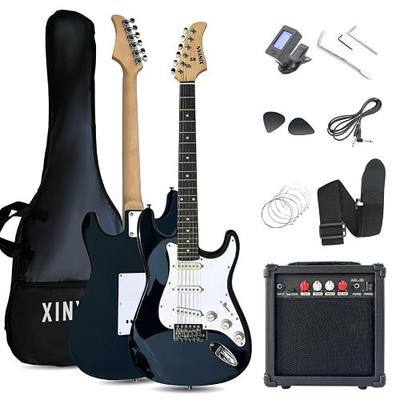 39in Full Size Beginner Electric Guitar Starter Kit w/Case, Strap, 20W Amp, Strings, Pick, Tremolo Bar (Black Guitar)