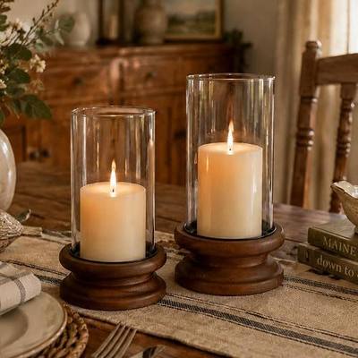 Hewory Hurricane Glass Candle Holders: 2PCS Wooden Brown Candle Holders | Candle Holders for Pillar Candles, Clear Glass Cover with Wood Base, Weddings Table Centerpiece Thanksgiving Christmas Party