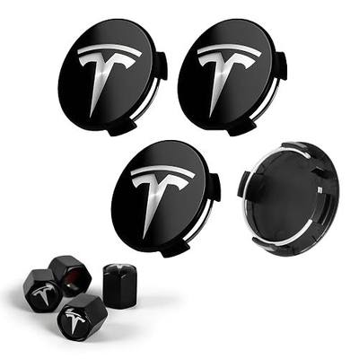 4 PCS Car Wheel Center Cap for Tesla Model Y & Model 3, Car Hubcaps with Logo Emblem and 4 Valve Stem Caps, 2.2 in ABS Wheel Rim Cover Accessories for Tesla 18"/19" Wheel, Black & Silver