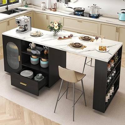 HSH Rolling Kitchen Island with Seating & Storage with Wheels, White Marble | 72” Portable Island Table, 360° Swivel & Extendable White Faux Marble Top, Mobile Island Cart With Drawer Shelves For Kitchen