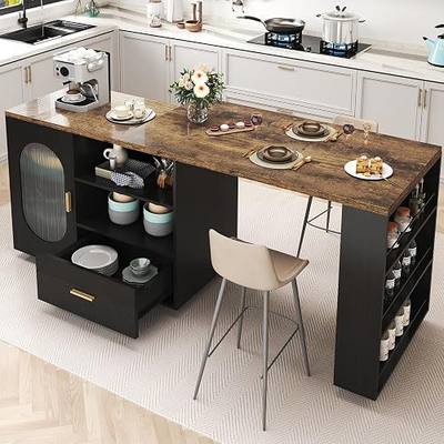 HSH 72" Rustic Kitchen Island with Storage, Mobile Farmhouse Kitchen Island Cart with Cabinet, Drawer & Shelves, Island Table on Wheels for Meal Prep, Dining Room & Home Bar, Rustic Brown & Black Oak | 72” Large kitchen island, 360° swivel & extendable table, movable island Cart with cabinet, drawer