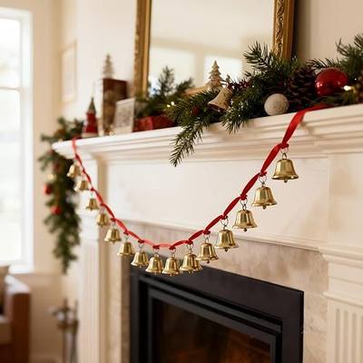 1 Pcs Bells Garland with 15 Gold Bells 6.5ft Red Velvet Ribbon Garland Rustic Vintage Jingle Ornaments for Tree Fireplace Wedding Mantle Indoor Decor