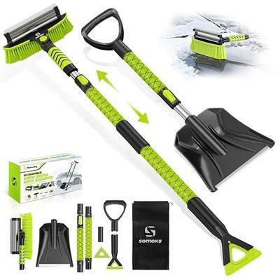 Upgraded 60'' Snow Brush & Snow Shovel with 2 Ice Scrapers, Extendable Snow Brush for Car Windshield with Squeegee, 4-in-1 Detachable Winter Snow Remover for Cars, SUVs, Trucks