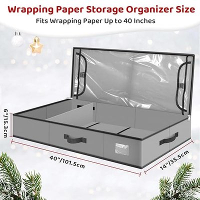 BlessedSeason Wrapping Paper Storage Organizer for 40 Inch Christmas Gifts Wrapping Paper, 2 Visible Supplies Pockets for Holiday Accessories, Christmas Decoration Storage Containers, Grey