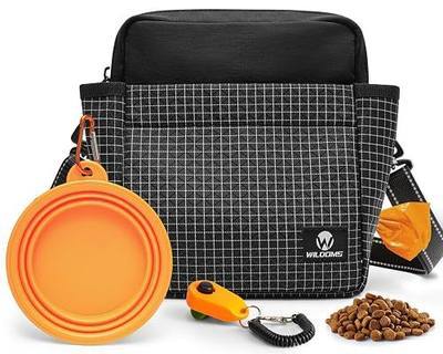 Dog Treat Pouch for Training, Magnetic Dog Walking Bag and Fanny Pack | Large treat pocket with poop bag dispenser, clicker and bowl; hands-free for dog training, walks, park trips and travel