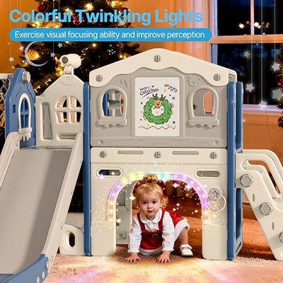 BIERUM 9 in 1 Toddler Slide Set for Toddlers Aged 1-3 Indoor Playset Blue | L-Shaped Baby Slide with Basketball Hoop, Telescope Toy, Colorful Lights and Anti-Slip Pads, Indoor Outdoor Toddler Playset