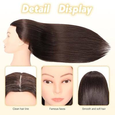22" MQHIHI Mannequin Head Human Hair Cosmetology Manikin Doll Head with 80% Real Hair for Hairdresser Practice Cutting Braiding Hair Styling with Clamp Holder and Tools (Dark Brown)