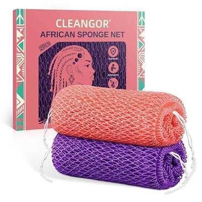 Cleangor 2Pcs African Net Sponge Authentic with Knots - Exfoliating Body | Scrubber for All Skin Types, African Bath Sponge, Wash Cloth, Gentle Exfoliation Shower Rag for Women Daily Use