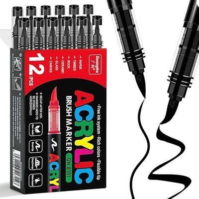 Surcotto 12 PCS Black Acrylic Paint Markers,Soft Brush Tip Acrylic Paint Markers,Quick-Drying Waterproof Acrylic Markers for Canvas,Rock Painting,Wood, Stone,Glass,Ceramic,Fabric Painting