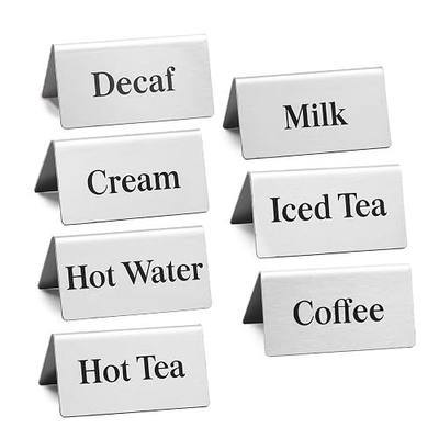 7 Pcs Stainless steel coffee beverage table tent signs Double sided metal tea sign for Cafe Coffee bar Party Buffet Restaurant Indoor Outdoor Table Display Signs 2.95 x 1.57Inch