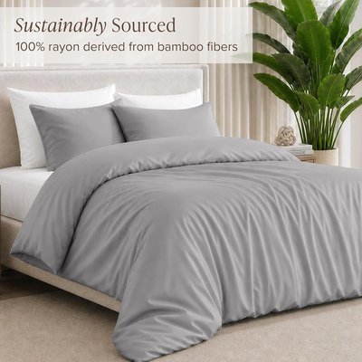Bare Home 100% Rayon Made from Bamboo Duvet Cover Twin/Twin XL, Light Grey | 100% Rayon Made from Bamboo, Luxury Look, Cooling, Breathable, Easy Fit