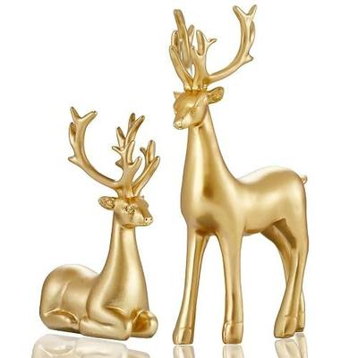 2Pcs Christmas Resin Deer Figurine, Sitting and Standing, Golden Reindeer Figurines. Perfect for Rustic Christmas Home Decor, Around The Dining Table, Fireplace or Bedroom (Gold)