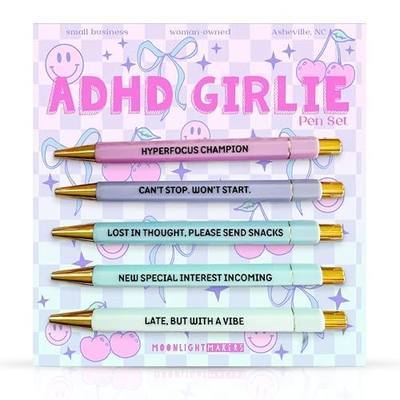 Moonlight Makers Set of 5 Ballpoint Pens Black Ink, ADHD Girlie, Packaging | Engraved Funny Pens for Adults, Appreciation Adult Gifts, Ideal Desk Decor for Work and Office Desk, Cute Packaging, Girlie