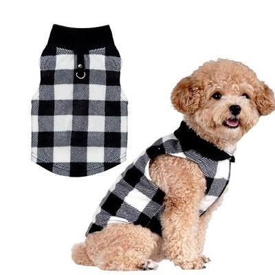 Rbenxia 1 PC Plaid Dog Sweaters with Leash Ring Soft Fleece Vest Dogs Pullover Warm Jacket Pet Dogs Clothes Winter Dog Outfits for Small Puppy Cat Pets (Black and White, Large)