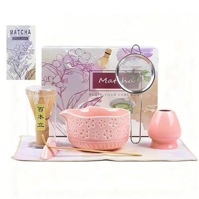 Matcha Whisk Set––7pcs Japanese Matcha Set Kit with Matcha Bowl, Bamboo Whisk, Whisk Holder, Scoop, Towel&Sifter–Perfect for Matcha Lovers&Tea Ceremonies-Cherry Blossom Pink