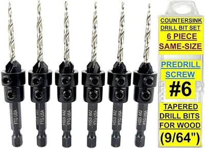 FTG USA 6 Pc #6 (9/64") Countersink Drill Bit Set with Tapered Drill Bits | Includes 6 counter sink drill bit for wood, all same size. Each countersink comes with depth stop and hex key in storage case
