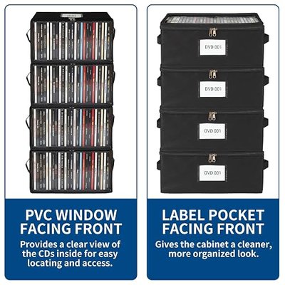 4 Pack Durable Fabric DVD Storage Box with Clear PVC Lid, Holds 25 Standard DVD Cases, Sturdy Non-Woven Fabric with Cardboard Support for Movie Collection, Black