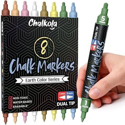 Chalkola 8 Erasable Pastel Dual Tip Chalk Markers for Blackboard Chalkboard | 8 Vintage (1mm+5mm Fine, Bold) - Earthy Dry Erase Marker Pens for Signs, Car Windows, Glass - Liquid Chalkboard Markers