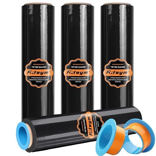 Black Plastic Stretch/Shrink Wrap Roll 18" x 1500' 4 Rolls | Plastic Wrap for Moving, Heavy Duty 80 Gauge, 600% Stretch for Packing, Pallets, Shipping & Furniture Protection
