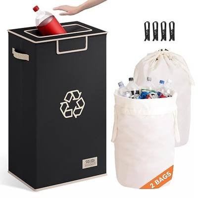 SOLEDI Recycle Bins for Kitchen,26 Gallon Recycling Bin with Lid and 2 Removeable Reusable Inner Bags,Indoor Recycling Trash Can for Collector of Bottles Cans, and Plastic,Black