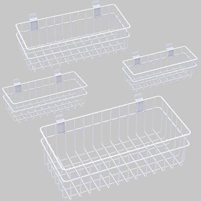 4 Pack Large Slatwall Baskets Set, Ventilated Metal Hanging Storage Slat Wall Basket, Mounted Slatwall Accessories for Garage Storage Organizing Display on Slatwall Panels bins (White)
