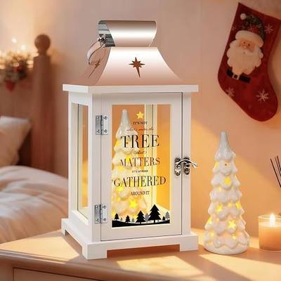 Ceramic Christmas Tree That Light up for Table Centerpieces, 15.1" Tall Lantern Indoor Party Decor, Hanging Candle Lantern for Home, Holidays Tabletop Décor Gift, Xmas Tree Figurine