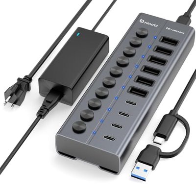 Powered USB Hub, 10-Port USB C Hub with 6 USB-A 3.2, 4 USB-C 3.2 Ports
