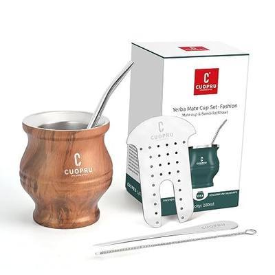 Cuopru Yerba Mate Cup - Mate Gourd Set Includes Double Walled Stainless Steel Tea Cup, Tea Shaper set, Bombilla Straws, Cleaning Brush (Wood Grain)