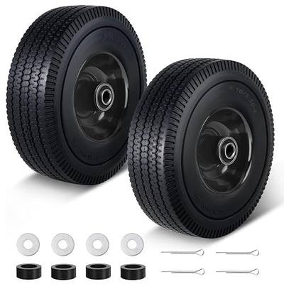4.10/3.50-4 Flat Free Tire, 10 Inch Solid Tires and Wheels Replacement with 5/8'' Bearings, 2.2" Offset Hub for Hand Truck, Dolly, Wheelbarrow, Includes Adapter Kit (2 PACK)