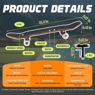 Skull & Wolf Professional Double Kick Skateboard, 31 inch Maple Deck, ABEC-9 Bearings, 97A PU Wheels