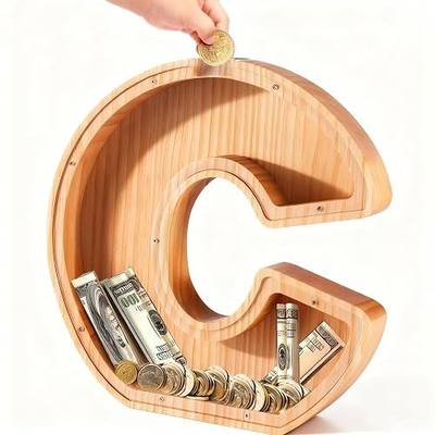Bemaystar Letter Piggy Bank for Kids-Kids Piggy Bank for Boys Girls, 9 Inch Wooden Coin Bank Money Bank (C, 9 inch)