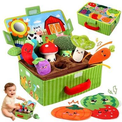 FREYBLI Baby Toys 6-12 Months - Soft Fruits Vegetable Garden Plant Plush Toy - 6 Month Old Baby Toys Boy Girl Gifts - Baby Sensory Montessori Toys with Rattles Mirror Squeaker Textures Crinkle Tissues