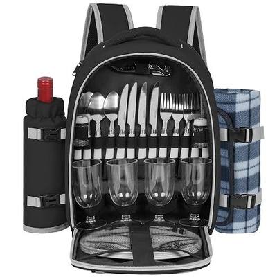 Picnic Backpack for 4 Persons with Insulated Leakproof Cooler Compartment, Cutlery Sets, Wine Holder, Fleece Blanket, Wedding Gifts for Couples, Perfect for Beach, Camping, Hiking, Black