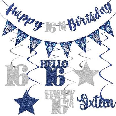 16th Birthday Decorations for Boys Girls, Happy 16th Birthday Banner | Blue Silver Sixteen Year Old Stars Hanging Swirls Hello 16 Bday Decor Party Supplies Sign