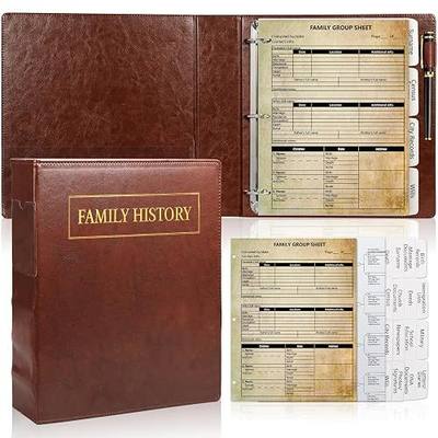 3 Ring Family History Binder 50 Sheet 12th Generation Family Group Sheets 16 Sheets Genealogy Binder Dividers Family Tree Charts to Fill in with PVC Pocket Pen Loop Brown
