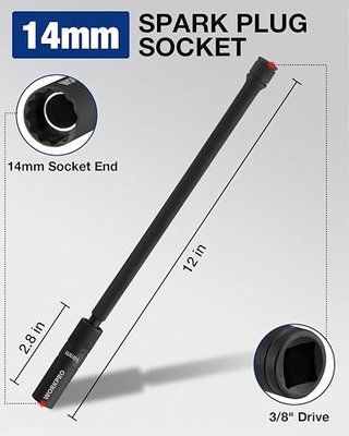 WORKPRO 14MM Swivel Magnetic Spark Plug Socket, 3/8" Drive x 12" Length | 12-Point, 1mm Thin Wall Socket, 360 Swivel, Black Phosphate Finish, Anti-Slip Knurled Grip