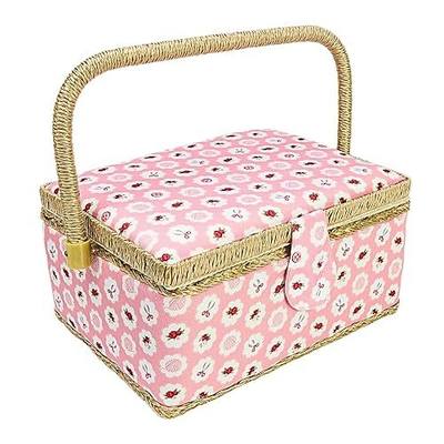 Sewing Basket with Accessories, Large Sew Storage Organizer with Complete Tools, Wooden Sew Box with Removable Tray Tomato Pincushion for Mending, Pink Rose
