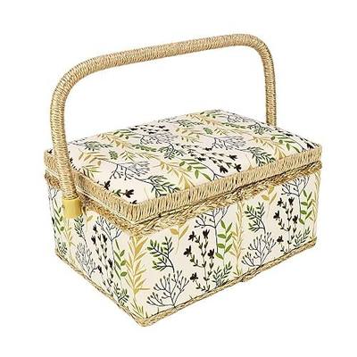 Sewing Basket Large with Complete Sew Accessories Included Wooden Beginners Sewing Kit with Removable Tray Tomato Pincushion for Mending, Beige Leaf